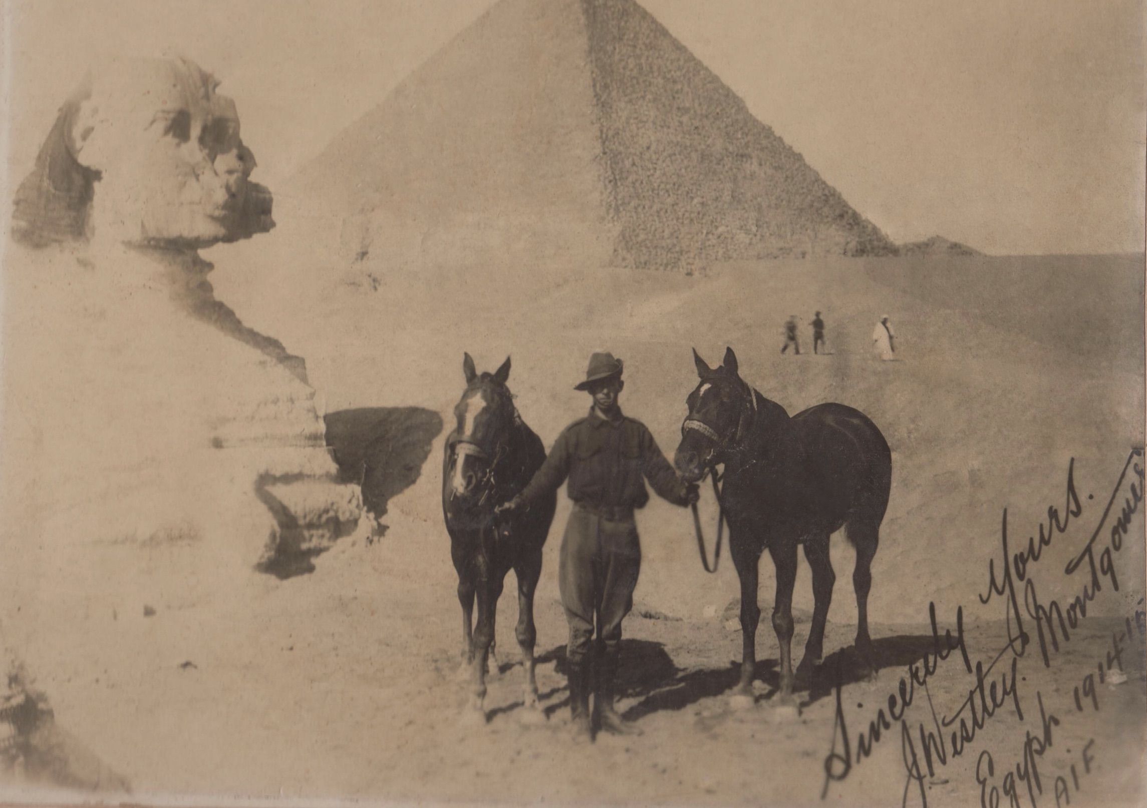 My Grandad WWI in front of the still partially covered Sphinx and The Great Pyramid of Giza. On his way to the trenches of Gallipoli, 1914. His horses’ name’s were Bob and Jean